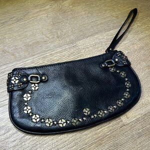 Cole Haan Brass Studded Black Pebbled Leather Wristlet